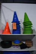 CONTENTS ON FIRST AND SECOND SHELVES; CONES, FITNESS EQUIPMENT
