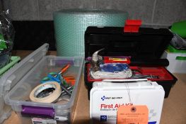 FIRST AID KIT, SMALL TOOLBOX, MISC. OFFICE SUPPLIES, BUBBLE WRAP