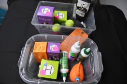 (2) BINS WITH DOG ITEMS; CALM SHEN, EAR POWDER, ETC.