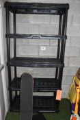 32" SKATEBOARD, 36" X 71" PLASTIC SHELF UNIT, 5 TIER