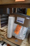 (4) ROLLS OF PLASTIC SHEETING, BOX OF 1 1/4" STICK ONS AND WOODEN SLATS