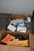 (2) BOXES W/MISC.: SINGLE PHASE MOTOR, PRESSURE GAUGES, ETC.