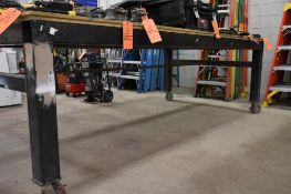 HEAVY DUTY METAL FABRICATED SHOP TABLE, 5"' CASTERS, WOOD SURFACE, 38"H X 121"L X 61"W, NO CONTENTS