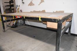HEAVY DUTY METAL FRAMED WORK TABLE, ON CASTERS, 10' X 5' X 38"H, NO CONTENTS