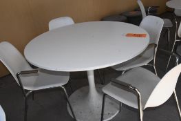 41" DIAMETER WHITE LAMINATE TABLE W/MODERN TULIP PEDESTAL, INCLUDES (4) CHAIRS