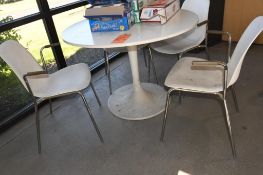 41" DIAMETER WHITE LAMINATE TABLE W/MODERN TULIP PEDESTAL, INCLUDES (4) CHAIRS