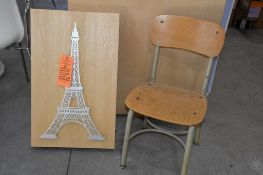 EIFFEL TOWER DECORATION ON 17" X 28" X 3' THICK LAMINATE BLACK & CHILDS CHAIR