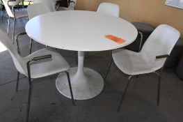 41" DIAMETER WHITE LAMINATE TABLE W/MODERN TULIP PEDESTAL, INCLUDES (4) CHAIRS