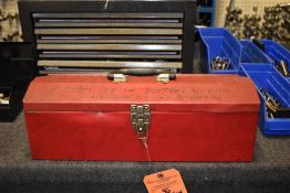 RED TOOLBOX WITH BALANCER, HAND HELD PENDANT, HAMMER AND MISC.