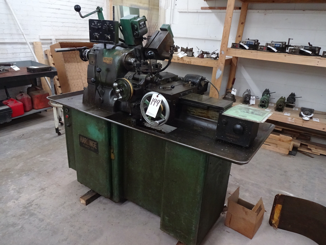 HARDINGE MODEL HC CHUCKER, 8-STATION TURRET, MODEL AT AUTO THREADING ATTACHMENT, CONTROLS