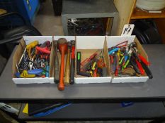 LOT ASSORTED HAND TOOLS INCLUDING HAMMERS, WRENCHES, PLIERS, ETC.
