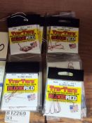 36 PACKS OF TRU-TURN BLOOD RED HOOKS-BAITHOLDER, SIZE 6 , XLONG SHANKS SIZE 4, 6, & 8