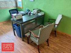 Office Desk, Office Chair, (2) Chairs, (2) Wooden Hutches (3) File Cabinets and Phone