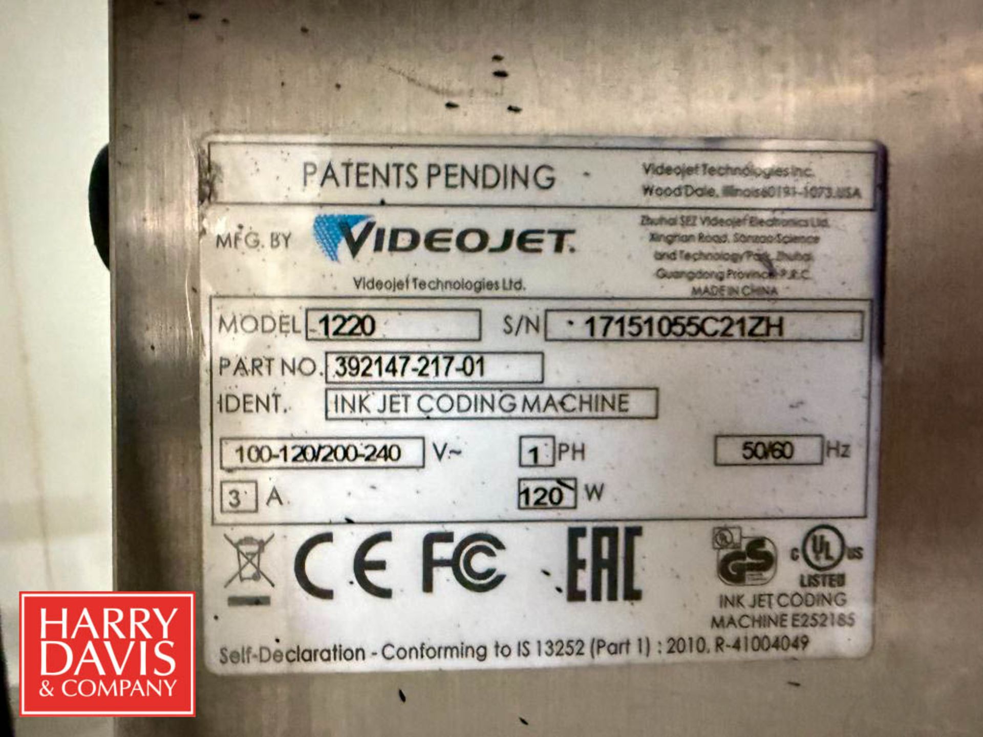 Videojet 1220 Printer on S/S Cart, S/N: 17151055C21ZH (Location: Bellmawr, NJ) - Rigging Fee: $50 - Image 3 of 3