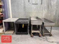 (2) Poly Utility Carts (No Wheels) and (4) S/S Transfer Bins: 47” x 19.5” x 7.5” Height (Location: