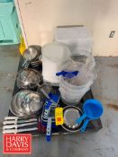 Assorted Pans, Bowls, Totes, Buckets, Scoops, Knives and Measuring Cups (Location: Charlestown,