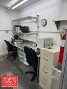 S/S Table, (2) Office Chairs, File Cabinet, (2) Portable Poly File Cabinets and S/S Shelf (Location: