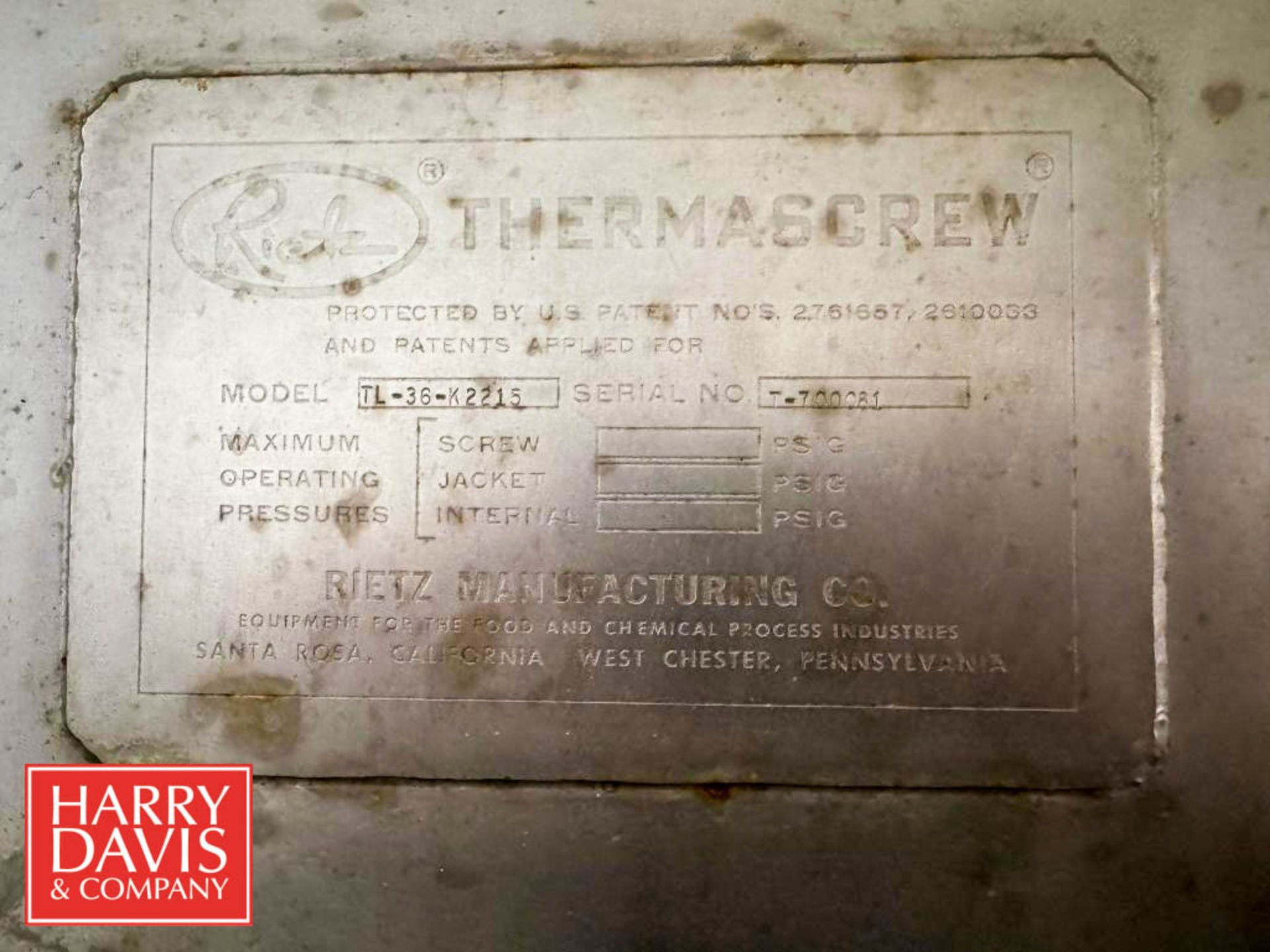 Rietz Thermascrew Blancher: 15' x 37", Model: Tl-36-K2215, S/N: T-70081 (Subject to BULK BID: Lot 6) - Image 9 of 9