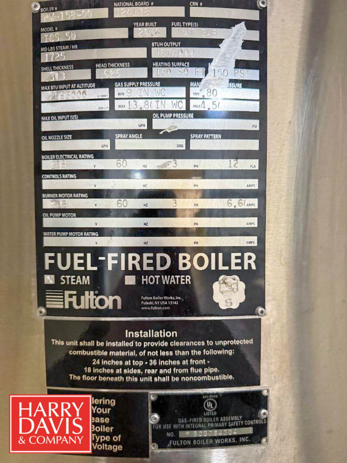 2018 Fulton Natural Gas Steam Boiler, Model: ICS-50, S/N: B03764304 with 40 Gallon Blow Down Tank, - Image 11 of 20