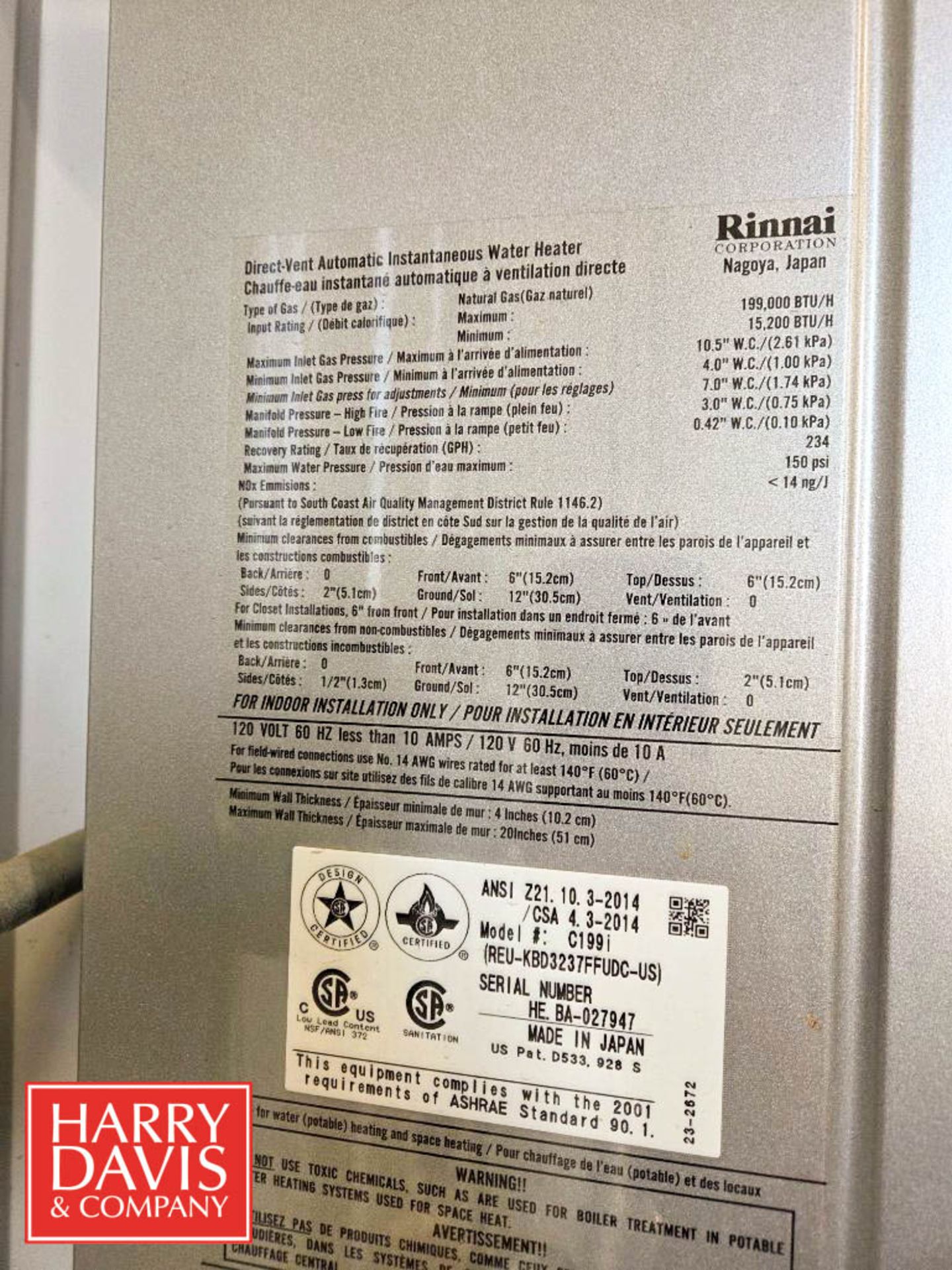 Rinnai Commercial Direct Vent Automatic Instantaneous Water Heater, Model: C199i - Image 3 of 5