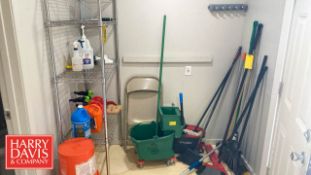 Cleaning Supplies, Including: Assorted Brooms, Mops and Mop Heads, Lavex Commercial Mop Wringer
