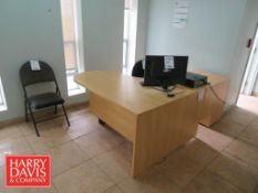 “L” Shaped Desk: 78” x 60”, Glass Table: 96” x 48”, (3) Chairs and Computer with Monitor