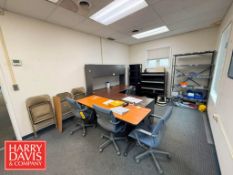 L-Desk, Desk, (4) Office Chairs, (4) Foldable Chairs, (2) Shelves and Cabinet