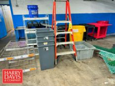 Assorted Poly Carts, (3) Racks, (4) Trash Bins and A-Frame Ladder: 4’