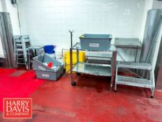S/S Cart, Prep Table, Cotterman Step Ladder, Poly Totes, Table, Poly Stands, Brackets and Stools