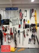 Tool Board with Wrenches, Pipe Wrench, Mallets, Punch, Chisel Set, Sockets, Vaco Kit, and Wire Cutte