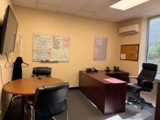 Lot of (1) desk, (4) chairs, (1) table, (1) TV, (1) cabinet, (1) bookshelf (Lot excludes A/C Unit, A