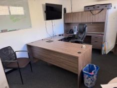 Lot of (1) executive desk w/hutch, (4) chairs, (1) table, (1) cabinet, (1) horizontal filing cabinet