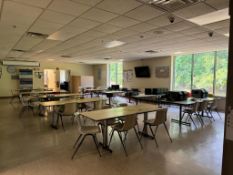 Lot of (10) cafeteria tables, (48) chairs, (1) TV, (4) microwaves, (2) toaster ovens, (1) coffee mak