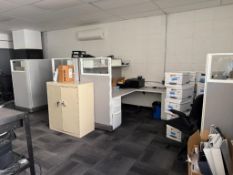 Lot of (2) filing cabinets, (4) cubicles, (14) office chairs, (7) laminate desks, (1) table (Lot exc