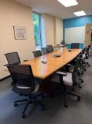 Lot of (1) conference table, (10) chairs, (1) cabinet (Lot excludes ALL paperwork and other electron