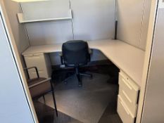 Lot of (2) filing cabinets, (4) chairs, (3) laminate desks, (3) cubicles (Lot excludes ALL paperwork