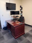 Lot of (1) wooden desk, (3) chairs, (2) monitors, (1) TV, (2) filing cabinets, (1) white board, (1)