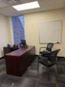 Lot of (5) chairs, (2) monitors, (1) desk, (1) wooden storage cabinet (Lot excludes ALL paperwork an