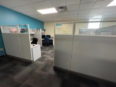 Lot of (1) XL cubicle, (4) desks, (4) chairs, (6) monitors, (1) mini fridge, (2) mini filing cabinet