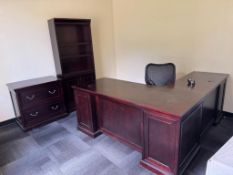 Lot of (1) wooden desk, (1) office chair, (1) dresser, (1) book case (Lot excludes ALL paperwork and