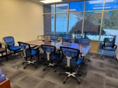 Lot of (1) wooden conference table, (13) office chairs, (1) wooden credenza, (1) whiteboard (Lot exc