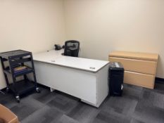 Lot of (1) desk, (1) office chair, (1) TV, (1) horizontal filing cabinet, (1) paper shredder, (1) wh