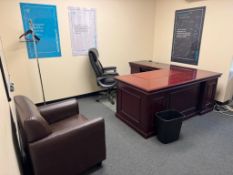 Lot of (1) lounge chair, (1) wooden desk, (2) office chairs, (1) table, (1) TV, (1) whiteboard (Lot