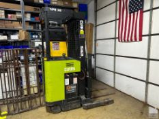 CLARK MODEL NPR20 ELECTIC STANDING REACH FORKLIFT, 4,000 LB CAPACITY, TYPE E, 3 STAGE LIFT, TILAT,