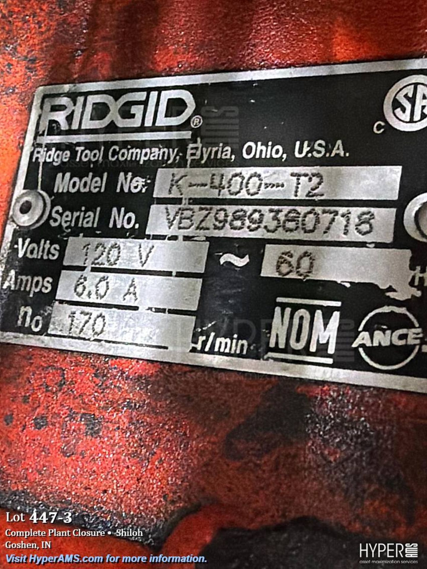 RIDGID K-400-T2 Drum Drain Cleaning Machine - Image 3 of 3