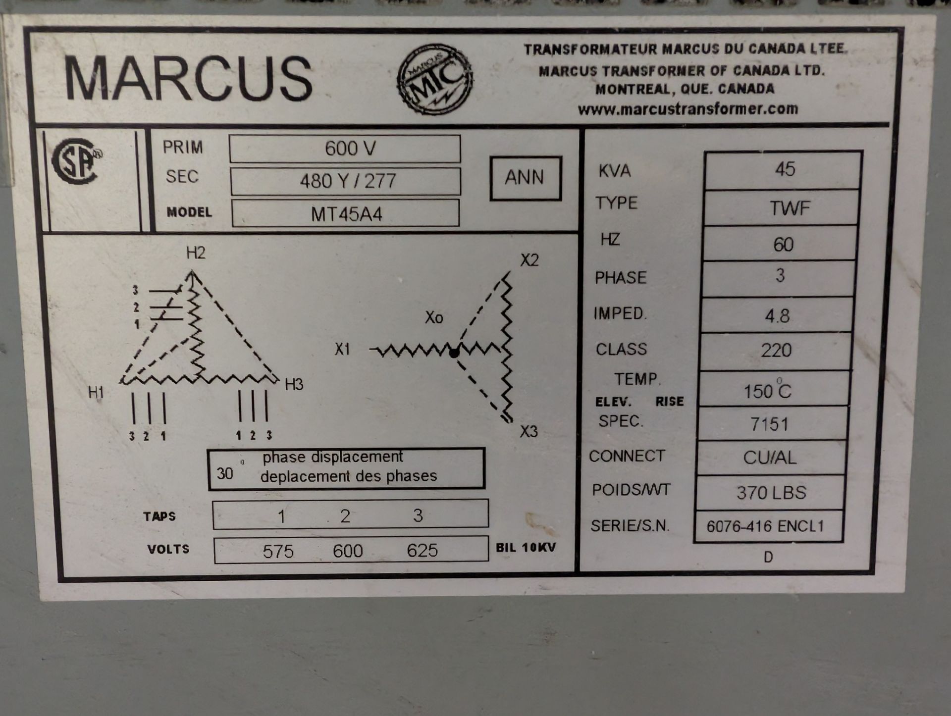 Transformar Label MARCUS TRANSFORMER, MODEL MT45A4, 600V, SECONDARY RATING OF 480Y/277V ...