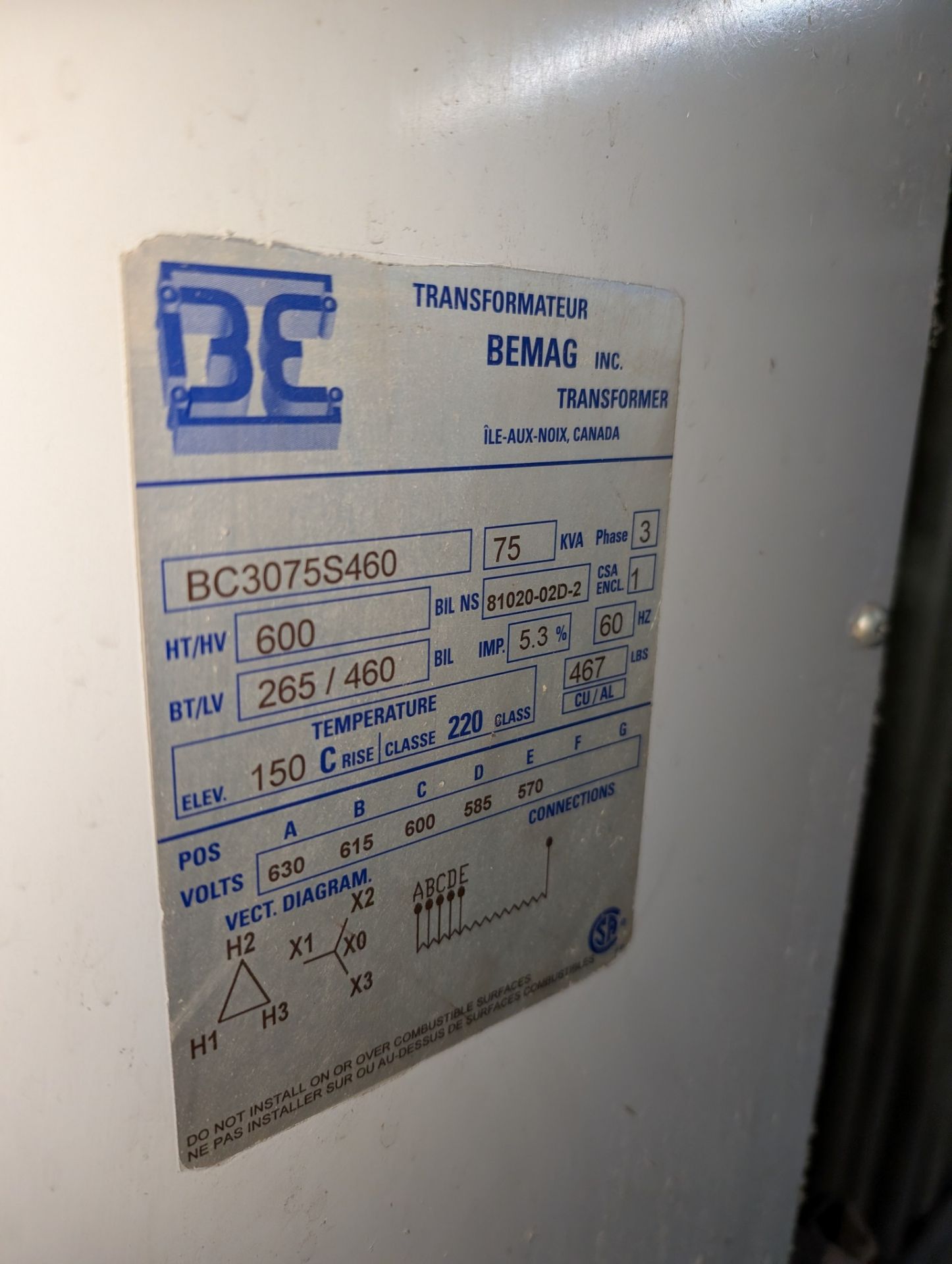 BEMAG INC. 75 KVA, 3-PHASE TRANSFORMER, MODEL BC3075S460, RATED FOR ...