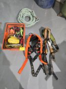 LOT OF HARNESSES, RATCHET STRAPS, ROPE, ETC.