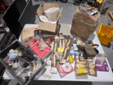 LOT OF ASST. BENCH VISE, CASTERS, VOLTAGE PROTECTOR, LIGHTBULBS, CASES, ROUTER PADS, VENTS, ETC.