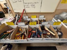 LOT OF (9) BOXES OF HAND TOOLS, PIPE WRENCH, HAMMERS, WRENCHES, DRIVERS, DRILL KIT, CUTTING TOOLS,